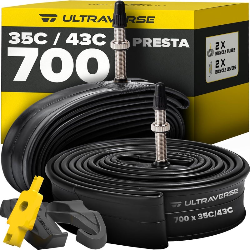Ultraverse الأنبوب الداخلي للدراجة Ultraverse مقاس 700x35-43c، مقاس 28 بوصة لعجلات الدراجة مع صمام بريستا 48 مم - أنابيب مطاطية بوتيل لدراجات الطرق والحصى - عبوتان مع رافعتين للإطارات متضمنتين - Image 1